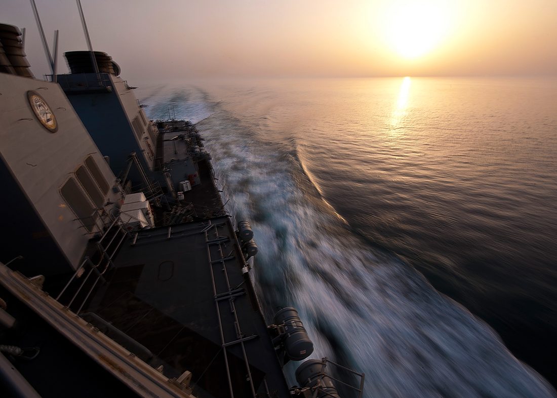 A naval vessel transits the Strait of Hormuz